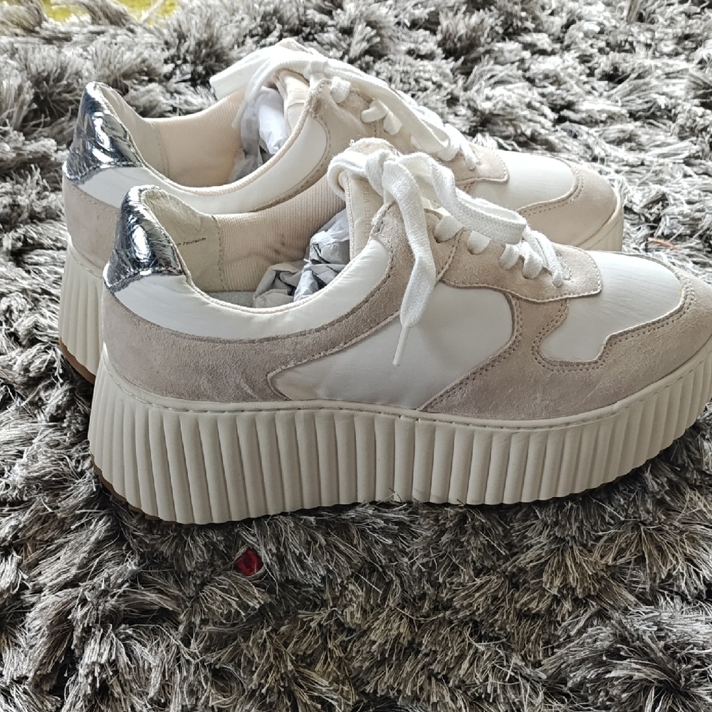 Dolce Vita White and Cream Platform Sneakers with Silver Accents